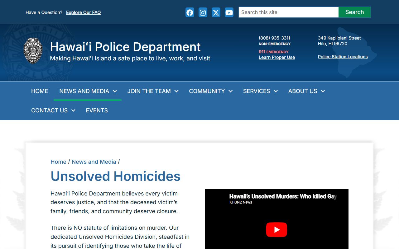 Hilo Recent Bookings Hawaii Police unsolved homicides page