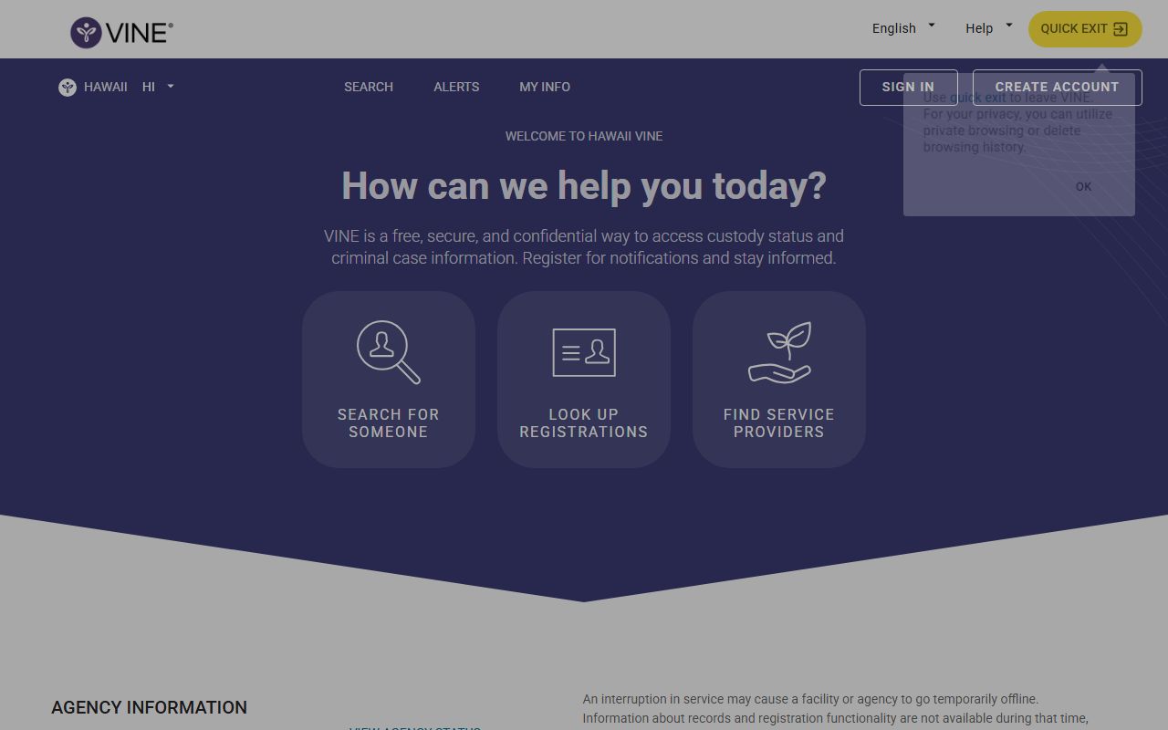 Hawaii Recent Bookings inmate status via SAVIN